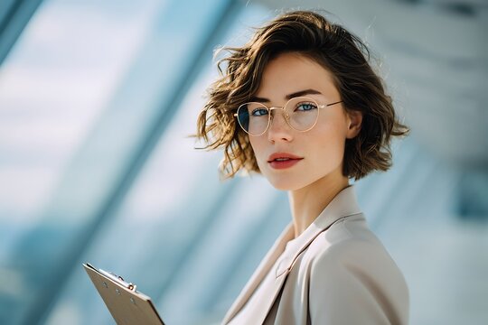 Confident professional woman with glasses holding a clipboard in office