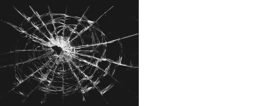 Shattered glass window texture with radial cracks in black and white colors for realistic visual impact digital composition assets.