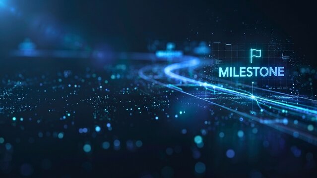 Milestone concept with flag marker along a futuristic path representing project progress, business goal achievement and strategic planning for data driven success