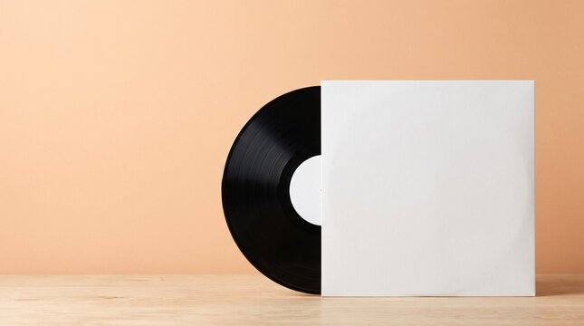 Vinyl Record Partially Emerging from Blank White Album Sleeve Mockup on Wooden Table Against Peach Background