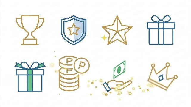 Set of flat line icons representing rewards loyalty points and gifts for business.