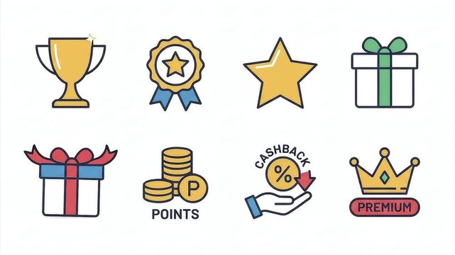 Set of colorful flat vector icons representing rewards, gifts, loyalty points, and premium status.