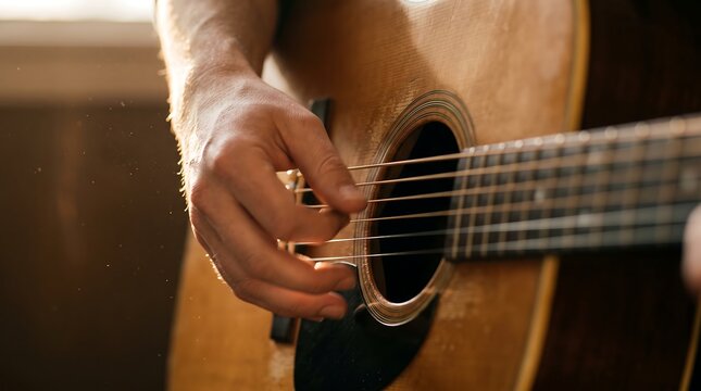 Close up of a person playing acoustic guitar