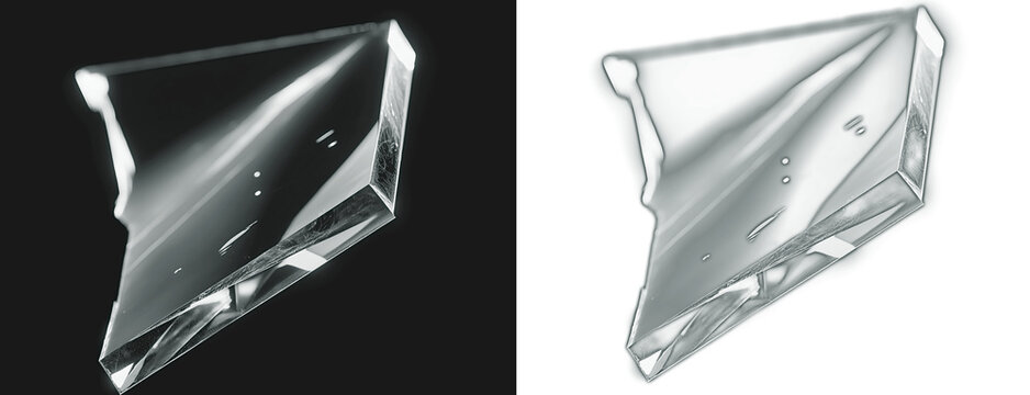 Sharp broken glass piece with white highlights and light refraction creates realistic shattered effect for cinematic design projects.