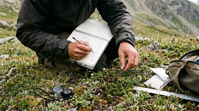 Environmental Scientist Monitoring Alpine Plant Biodiversity in Mountain Grassland for Ecological Research