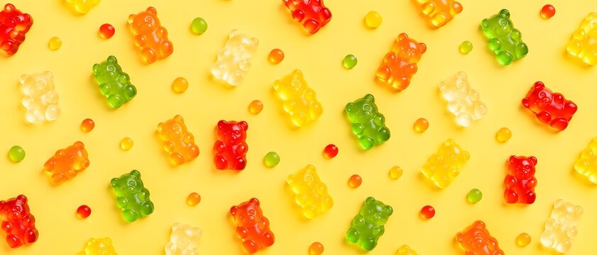 Colorful gummy bears and candy pattern on yellow background