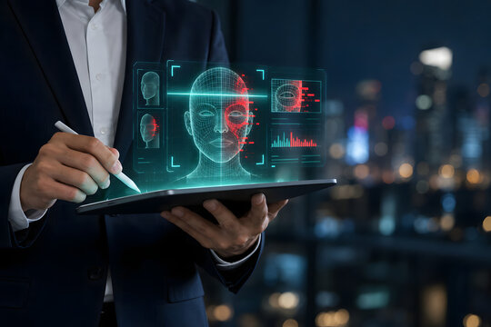 Businessman scanning deepfake face detection hologram on tablet