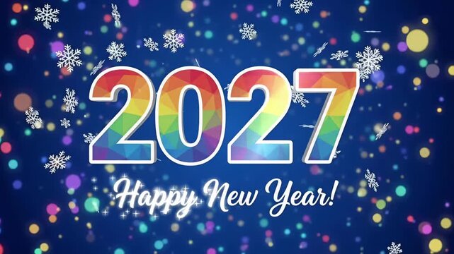 2027 happy new year snowflakes bokeh lights motion graphic background seamless loop
