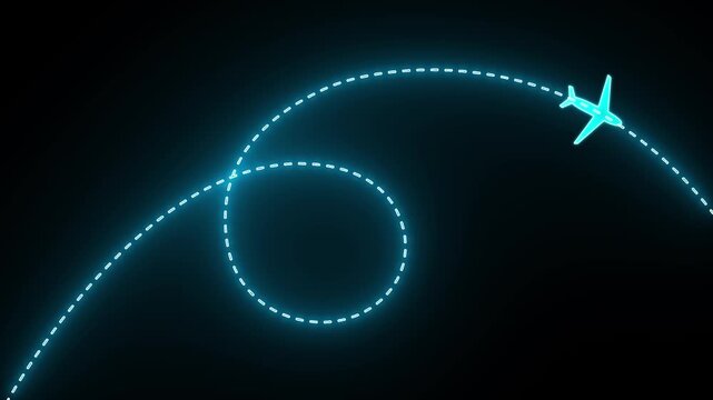 Neon airplane flight path animation with glowing dotted trajectory on black background, travel aviation