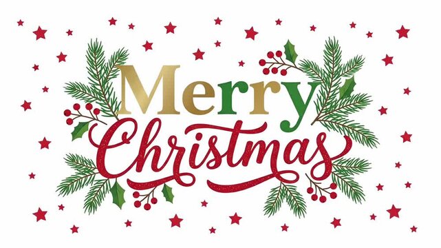 Merry Christmas typography pine branch star holiday background motion graphic loop
