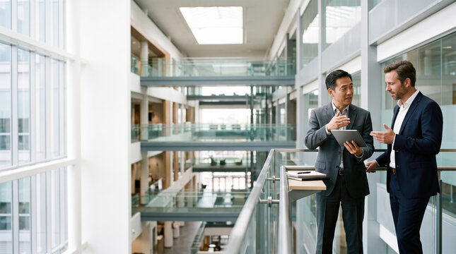 Modern corporate office conversation, two male colleagues discuss tablet in bright glass atrium, conveying professional lunar new year greeting.