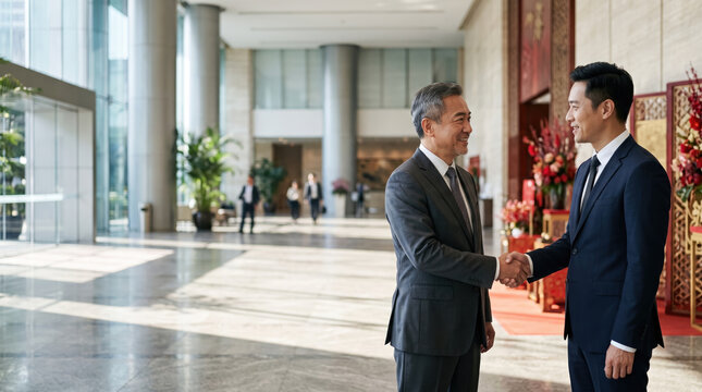 Corporate lunar new year greeting between two businessmen modern lobby, with warm handshake and festive red decorations creating welcoming.