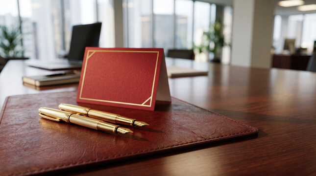 Corporate lunar new year greeting card and golden pen on leather writing pad in modern office, creating elegant and professional holiday scene.