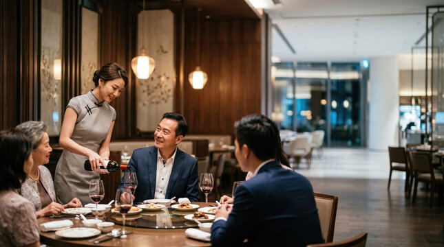 Modern Asian family reunion in restaurant, sharing meal and warm conversation around table with attentive service and elegant interior.