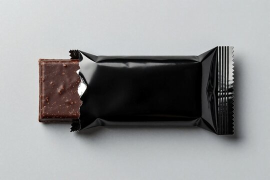 Black snack wrapper opens to reveal delicious chocolate bar. Half unwrapped protein bar lies on grey background. Dark cocoa candy pack for diet energy boost. Minimalist food product mockup for