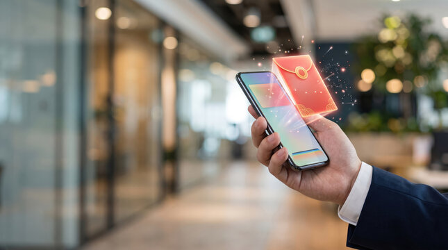 Digital red envelope e angpao gift appears above hand holding smartphone, bringing festive excitement to modern office setting.