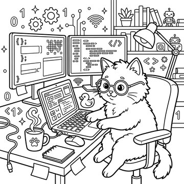 Cute cat programmer coloring page