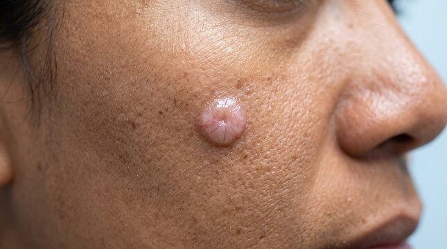 Macro view of nodular basal cell carcinoma skin cancer on human face cheek