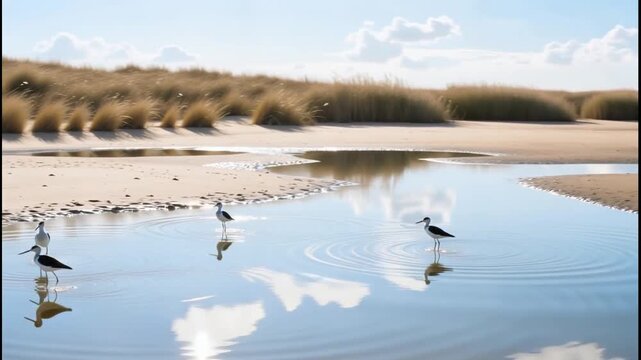 Black-winged stilts wading in shallow tidal pools on a sandy beach with grassy dunes