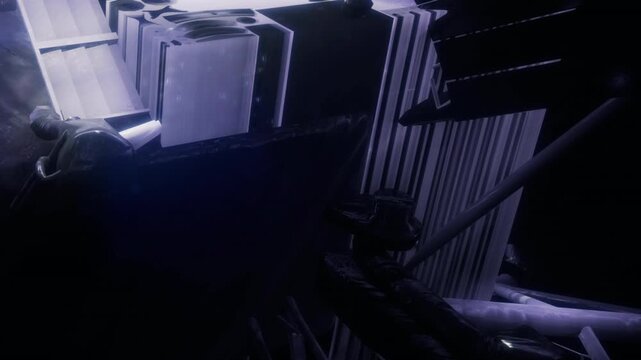 Spacecraft travels through dark outer space next to shiny metal panels while distant stars shine brightly in background