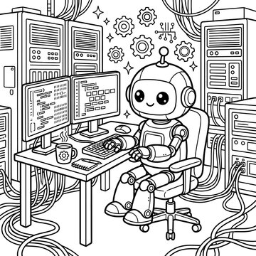 Cute robot programmer coloring page