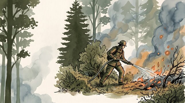 Generative AI illustration depicting a wildland firefighter in protective gear safeguarding rugged woodland vegetation from an advancing forest wildfire.