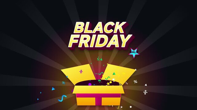 Animated Black Friday sale text exploding out of a gift box with confetti.