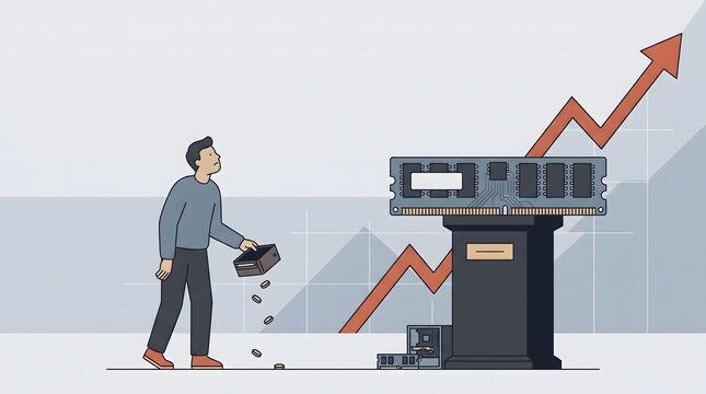 Generative AI vector illustration of a computer builder holding an empty wallet beside expensive RAM modules, symbolizing rising hardware costs.
