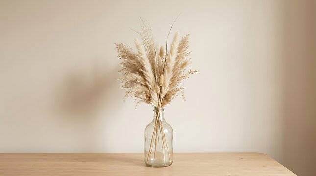 Dried pampas grass bouquet in a glass bottle on a wooden table