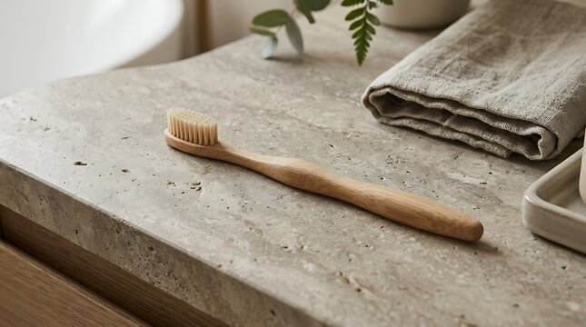 Eco-friendly bamboo toothbrush placed on a stone bathroom countertop