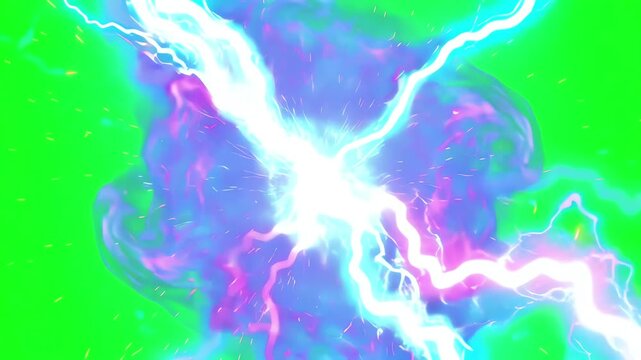 Intense electrical magic burst with branching lightning bolts and plasma sparks isolated on green screen