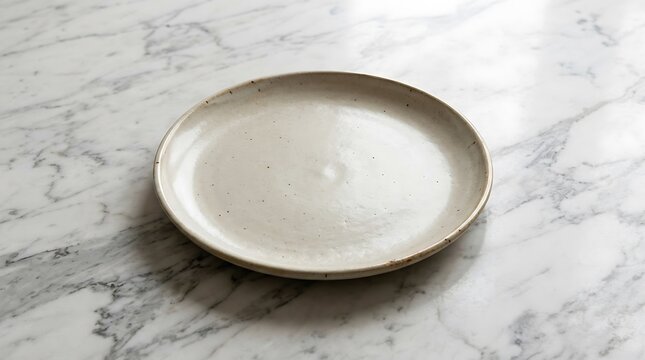 Empty handmade ceramic plate on a white marble table for food display