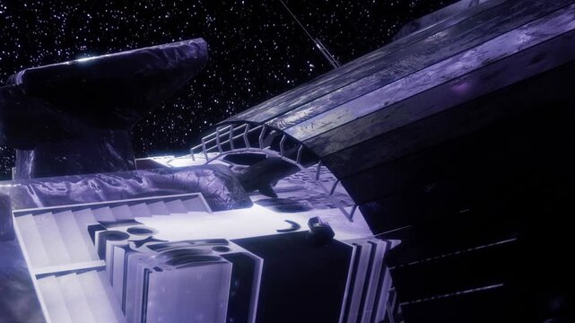 Dark futuristic spaceship floats in outer space with metal panels and structures under purple lighting