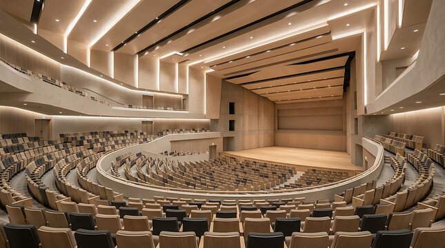 Empty modern concert hall with tiered wooden seating and stage lights