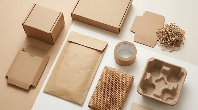 Flat lay of cardboard shipping boxes and eco friendly packaging supplies