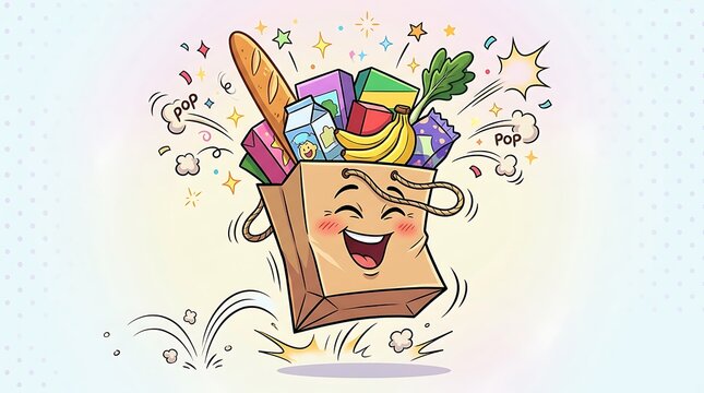 Happy cartoon paper grocery bag filled with fresh food and snacks