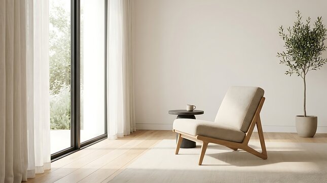 Minimalist living room with modern armchair, side table and olive tree by a large window