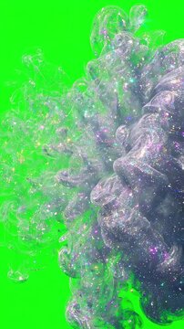 Iridescent silver sparkle mist swirling and expanding across a chroma key green background in a fluid motion