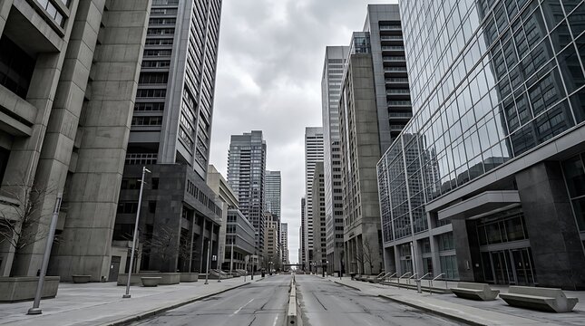 Modern office skyscrapers along a quiet city street under a cloudy sky