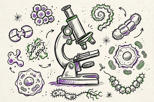 Hand drawn doodle of microscope with bacteria sketches