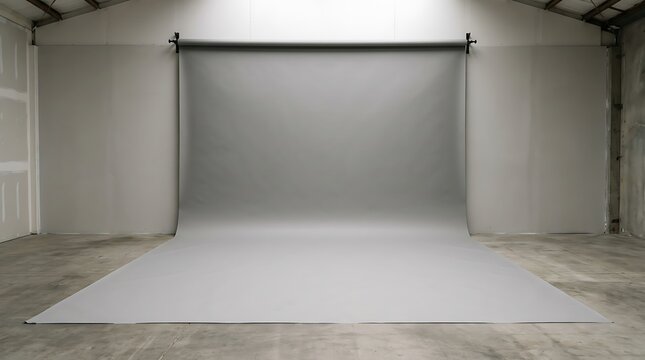 Professional gray paper backdrop in a photography studio with concrete floor