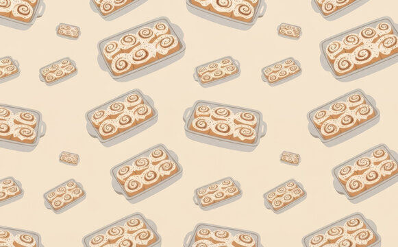 Cinnamon roll baking tray pattern background for sweet bakery packaging design and cafe menu