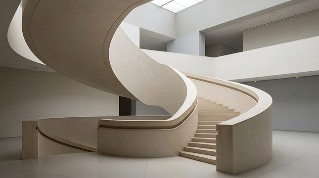 Smooth curved minimalist staircase in bright modern architectural interior