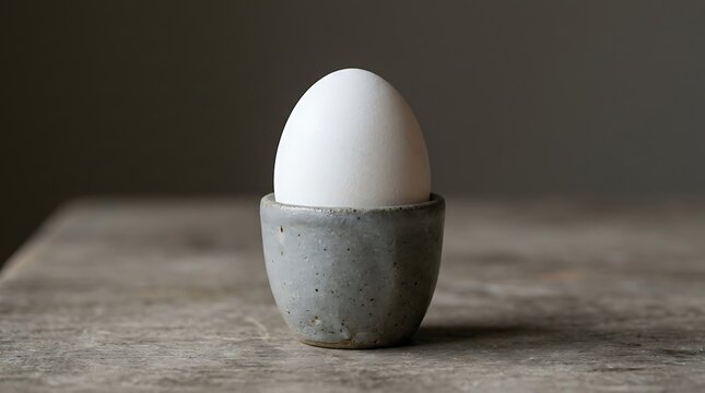 Single white raw egg placed in a rustic grey ceramic egg cup on table