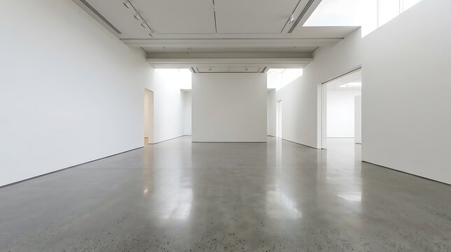 Spacious empty modern art gallery interior with white walls and polished concrete floor