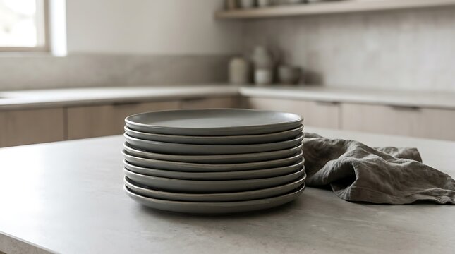 Stack of gray matte ceramic plates on a modern kitchen countertop with a linen napkin in a minimalist home interior