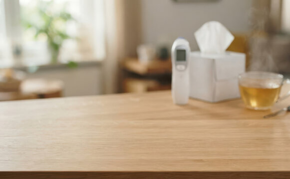 Wooden table top with digital thermometer, tissues and hot tea for sick day and cold recovery