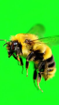 Low angle perspective of a bumblebee hovering and slowly rotating in the air against a vibrant green screen background