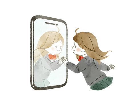 スマートフォンに映る自分と手を合わせて向き合う女子生徒-水彩
