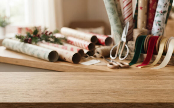 Christmas gift wrapping station with empty wooden table for holiday product display background